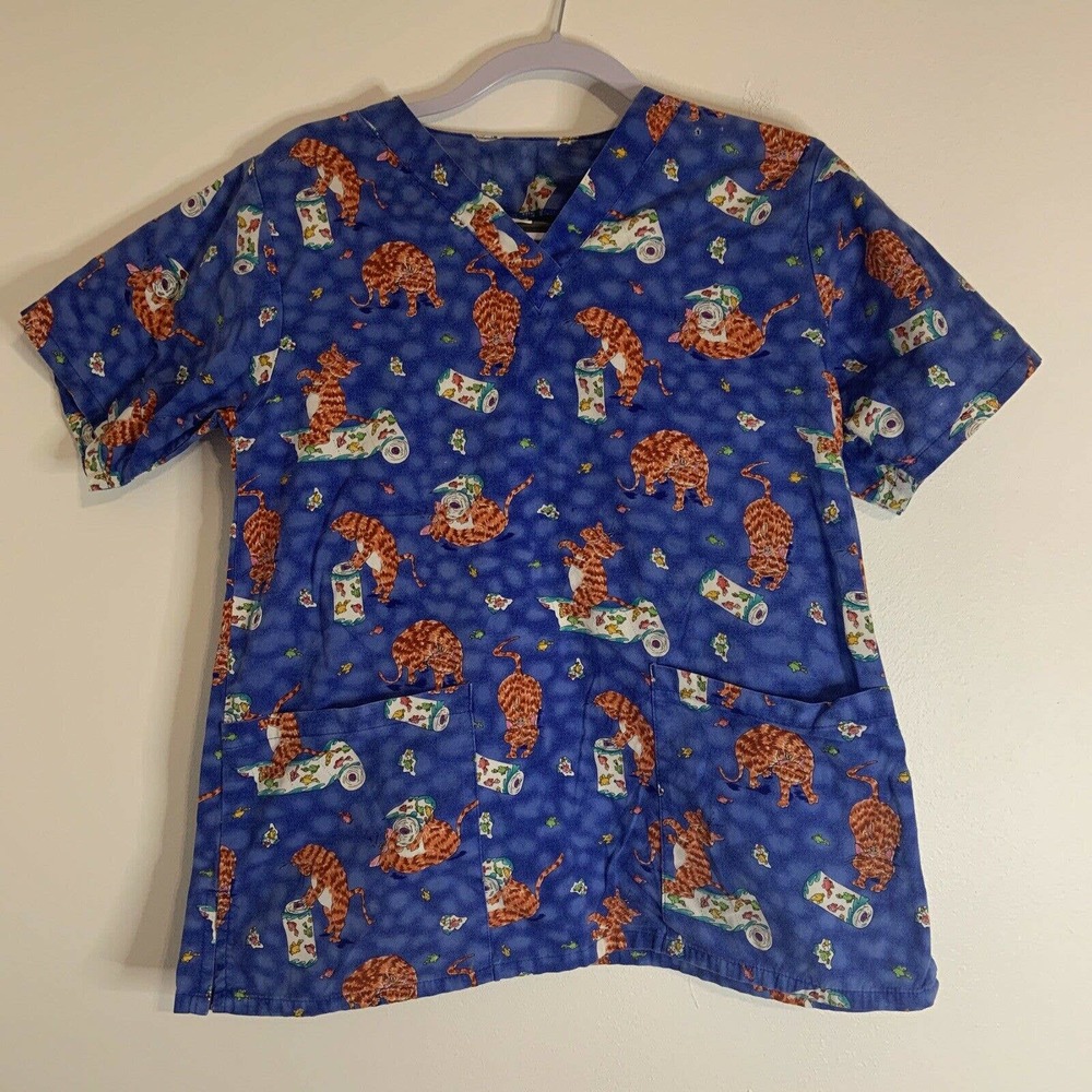 Princess Blue V-Neck Cat Scrub Top Medical Uniform Small